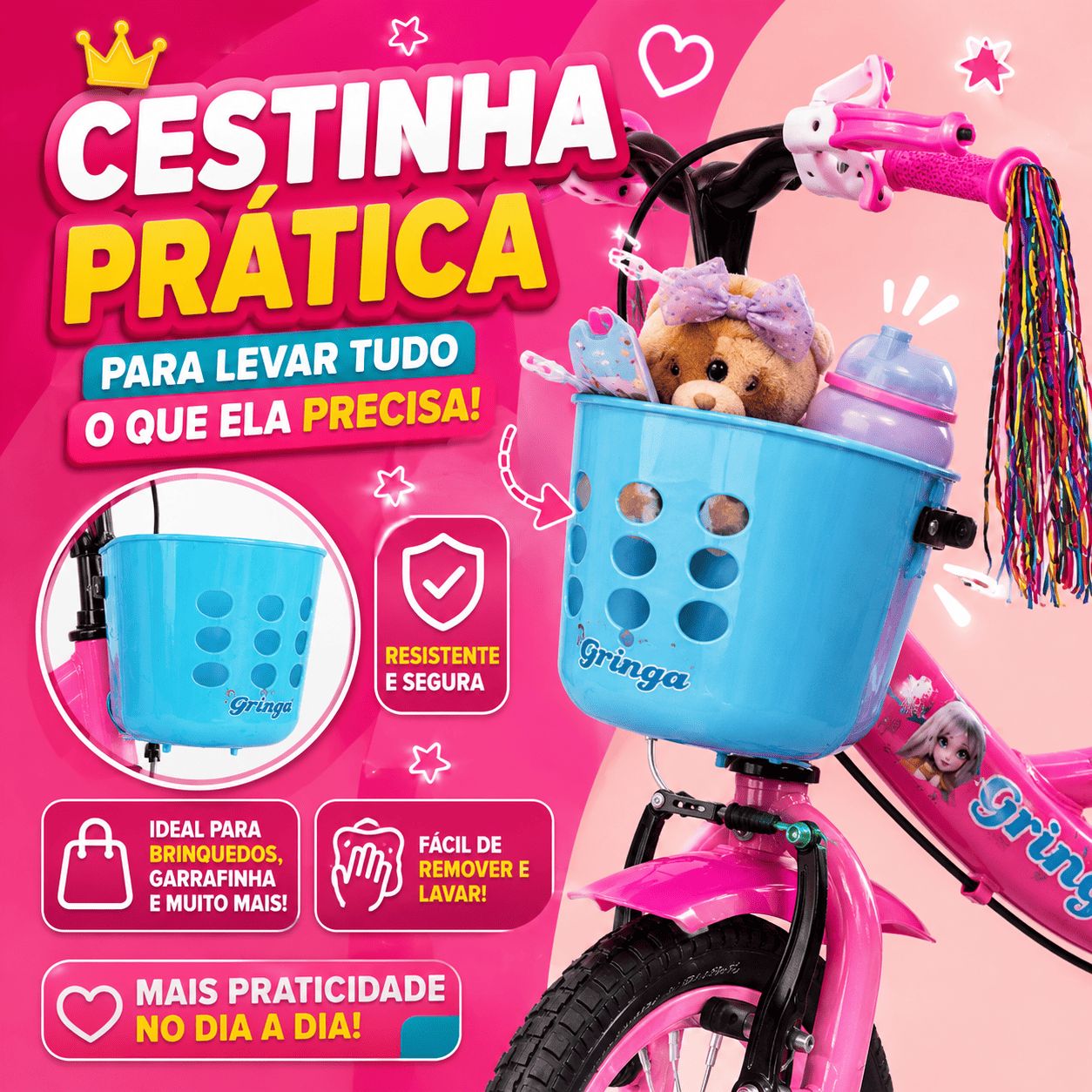 Bicicleta Infantil Aro 20 Princesa 6 a 10 Anos com Miçangas + Cestinha + LED + R