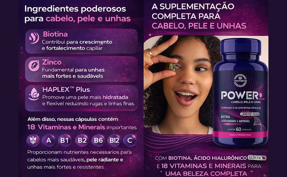 KIT  Power Mulher - Cabelo Pele Unha Premium - 18 Vitaminas e Minerais + 1 Ômega