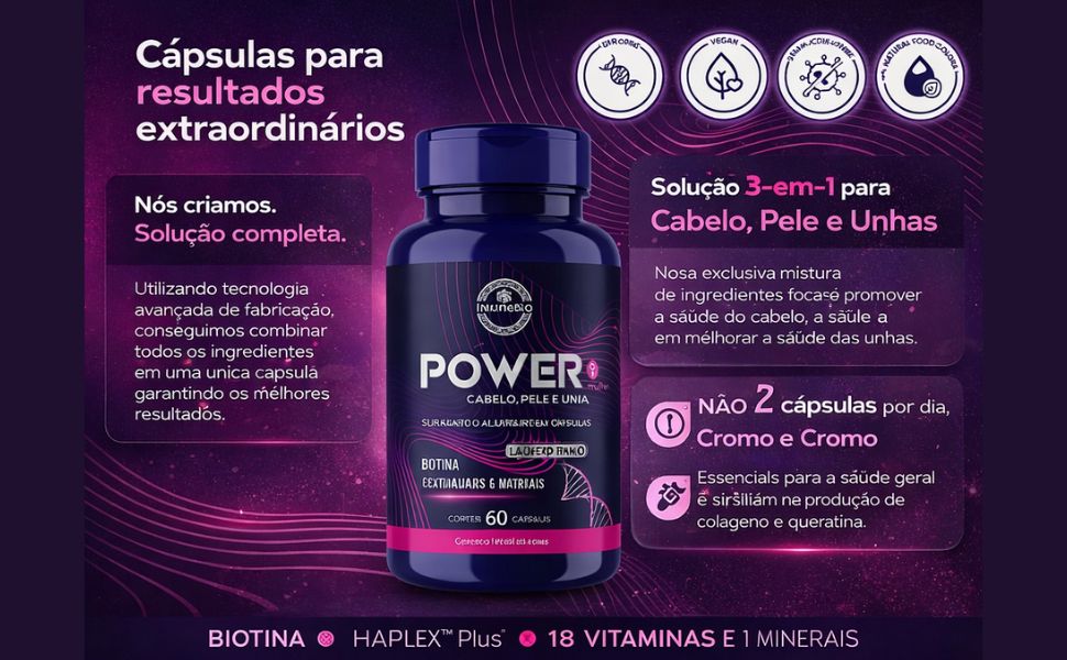 KIT  Power Mulher - Cabelo Pele Unha Premium - 18 Vitaminas e Minerais + 1 Ômega