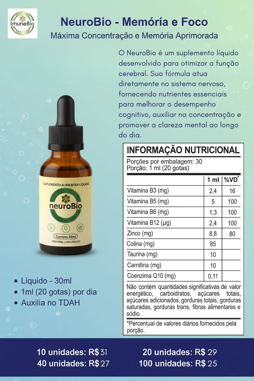 NeuroBio - Memória Foco e Concentração - 30 ML